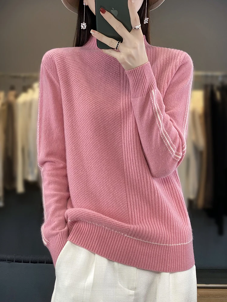 New Women Cashmere Sweater Autumn Winter Contrast Color Mock Neck Pullover 100% Merino Wool Knitwear Female Grace Soft Clothes