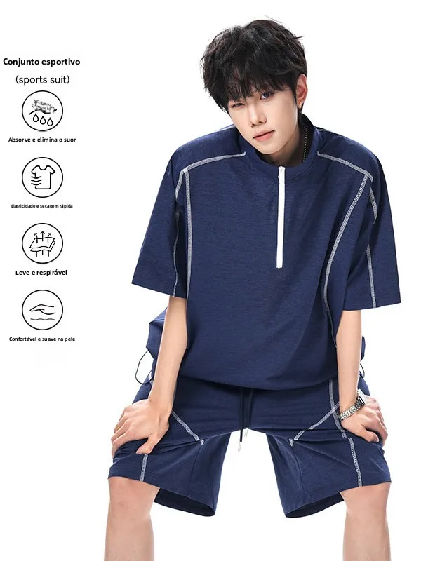 Conjunto Casual Preto HUASSO para Homens, Verão, Cintura Elástica, Camiseta de Manga Curta com Zíper Completo, Fibra de Polié...