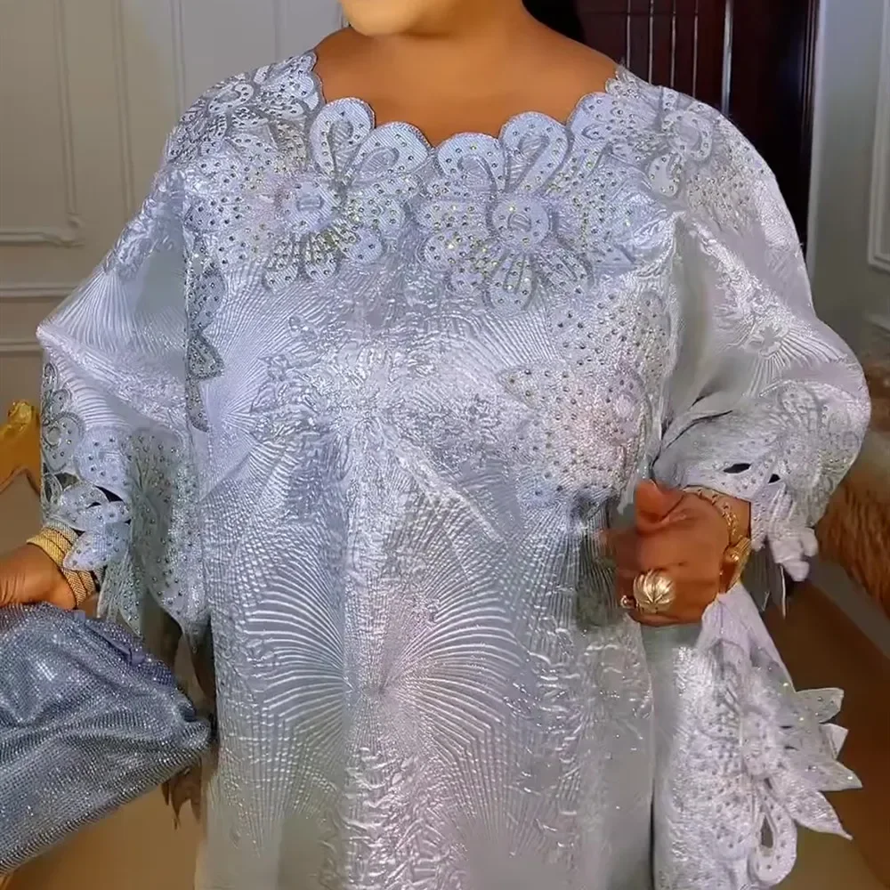 Plus Size African Party Long Dresses for Women 2026 New Luxury Bazin Embroidery Robe Elegant Outfits Muslim Wedding Evening Gown
