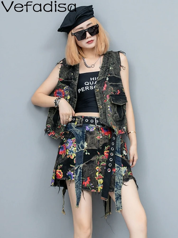 2024 New Summer Personalized Fashion Set Women\'s Vintage Printed Denim Cardigan Vest Jacket Short Skirt Two-piece Set ZY1862