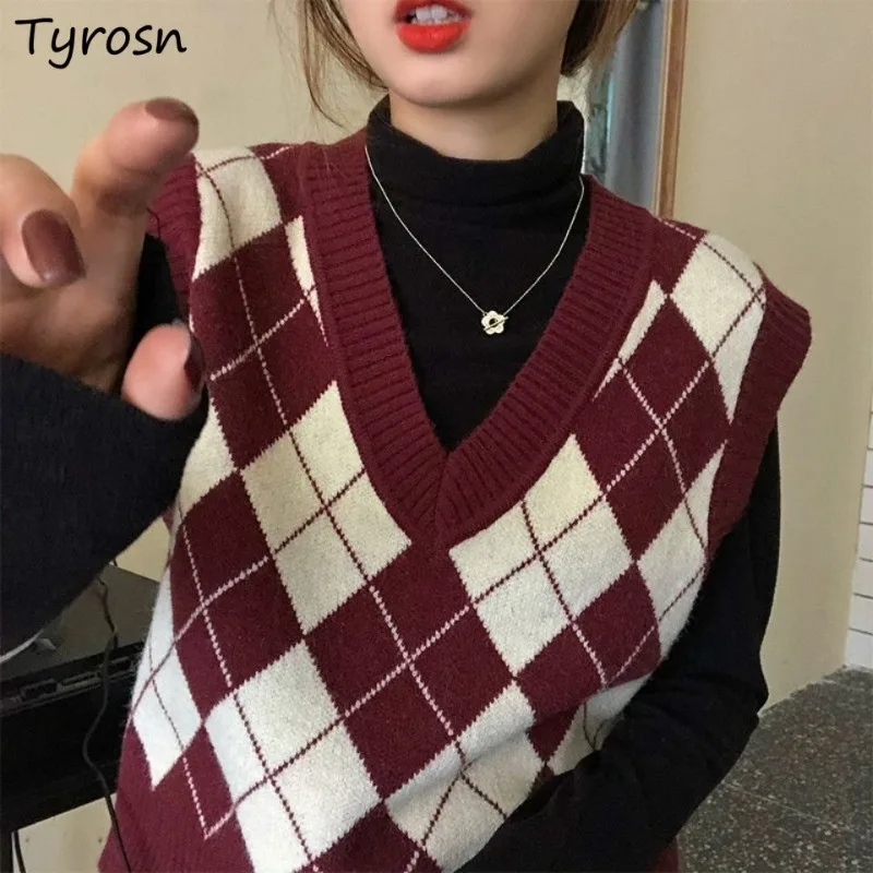 

Women Plaid Sweater Vests Sweet Autumn V-Neck Knitting All-Match Preppy Style Leisure Vintage Streetwear Casual Students Ulzzang