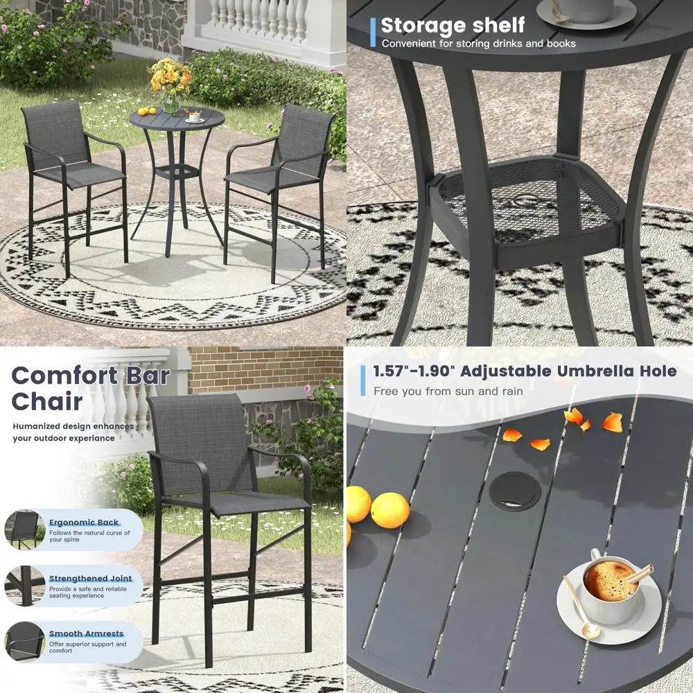 

«Барный набор для патио на открытом воздухе из трех предметов с табуретами по высоте и круглым металлическим столом диаметром 27,6 дюйма для двоих»