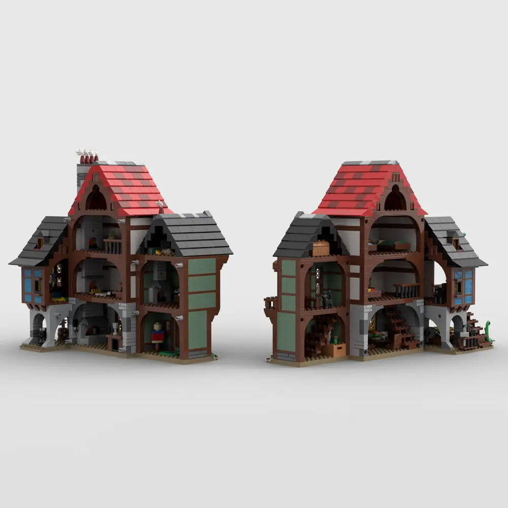 MOC UCS 중세 골목, Inn Blacksmith's Shop 및 Tailor's House 빌딩 블록, DIY 조립 벽돌 MOC-150889, 2421 PCs