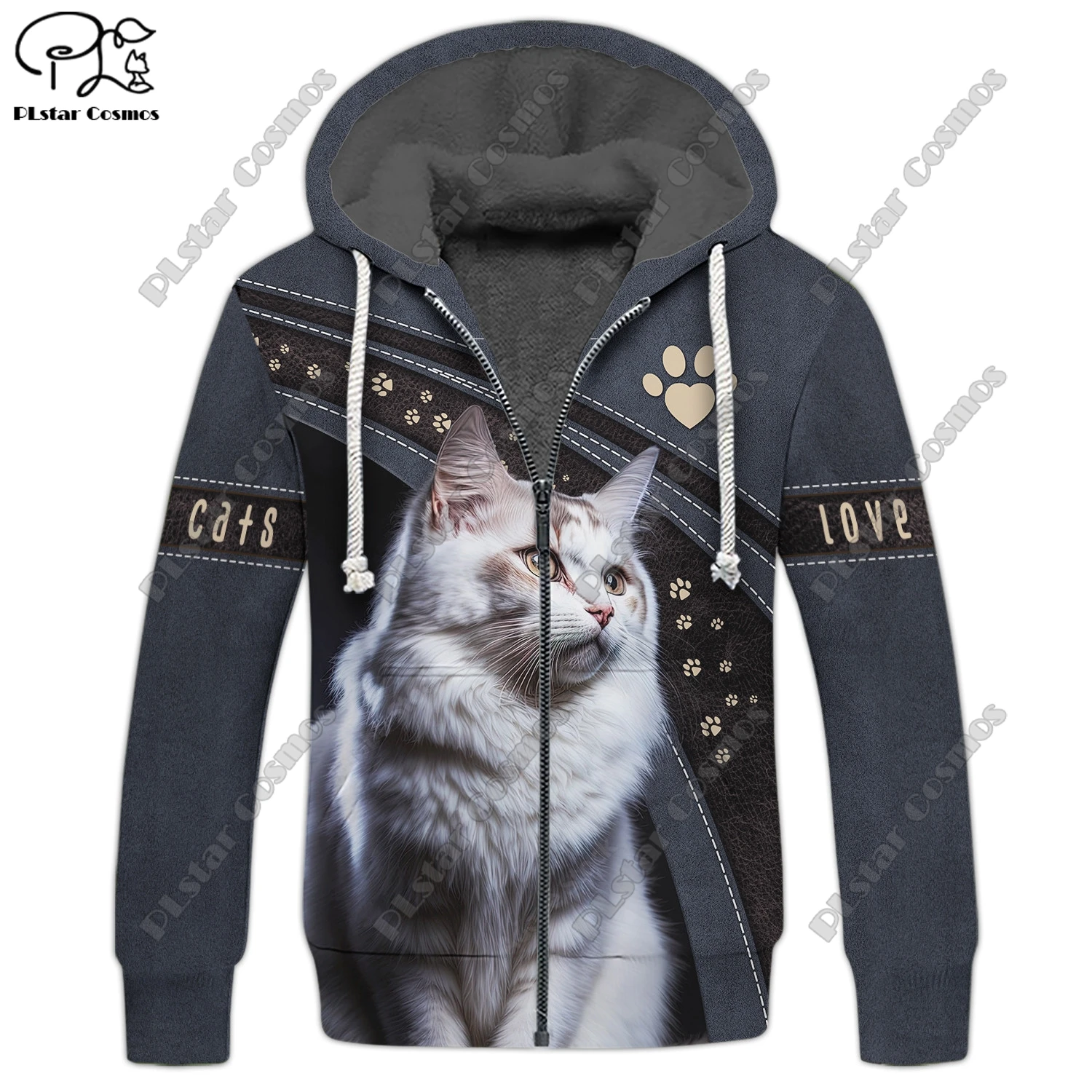 PLstar Cosmos-3D Hoodie de lã impresso para o inverno, gato bonito e padrão Panda, jaqueta com capuz quente, jaqueta grossa com zíper, roupas