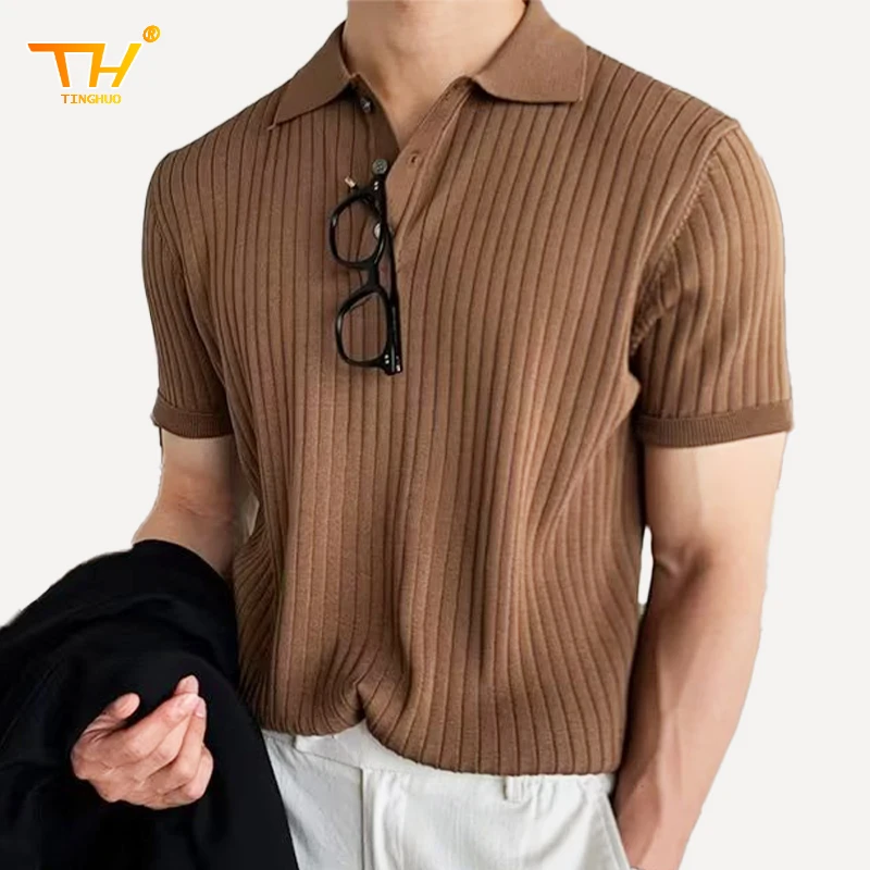 

Summer Men's Polos Tops Retro Knit Lapel Striped Polo Shirt Solid Color Short Sleeve Fashion Light Luxury Popular Knitwear