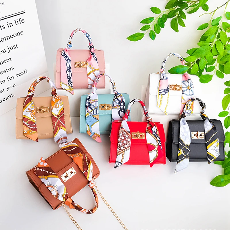 British Simple Fashion Silk Band Bow Lock Small Square Bag PU Leather Chain Mobile Phone Handbag Crossbody Bags