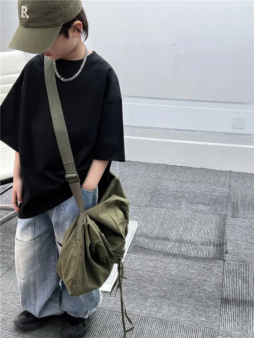 子供用半袖コットンカラー,小さな文字,単色,ベーシック,男の子と女の子,サマーコレクション,2025