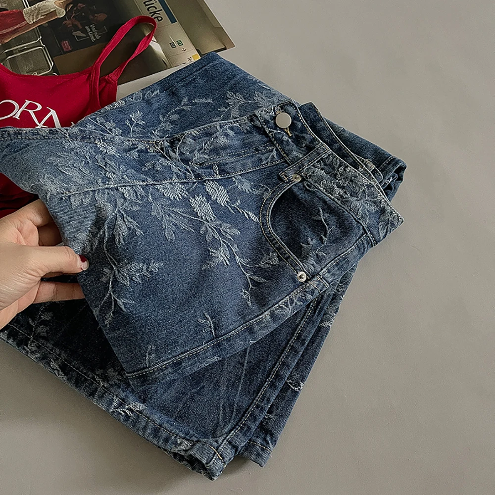 Korean Designed Delicate Floral Denim Pants Spring Summer Wide Leg Straight High Waist Jeans Casual All-Match Long Trousers