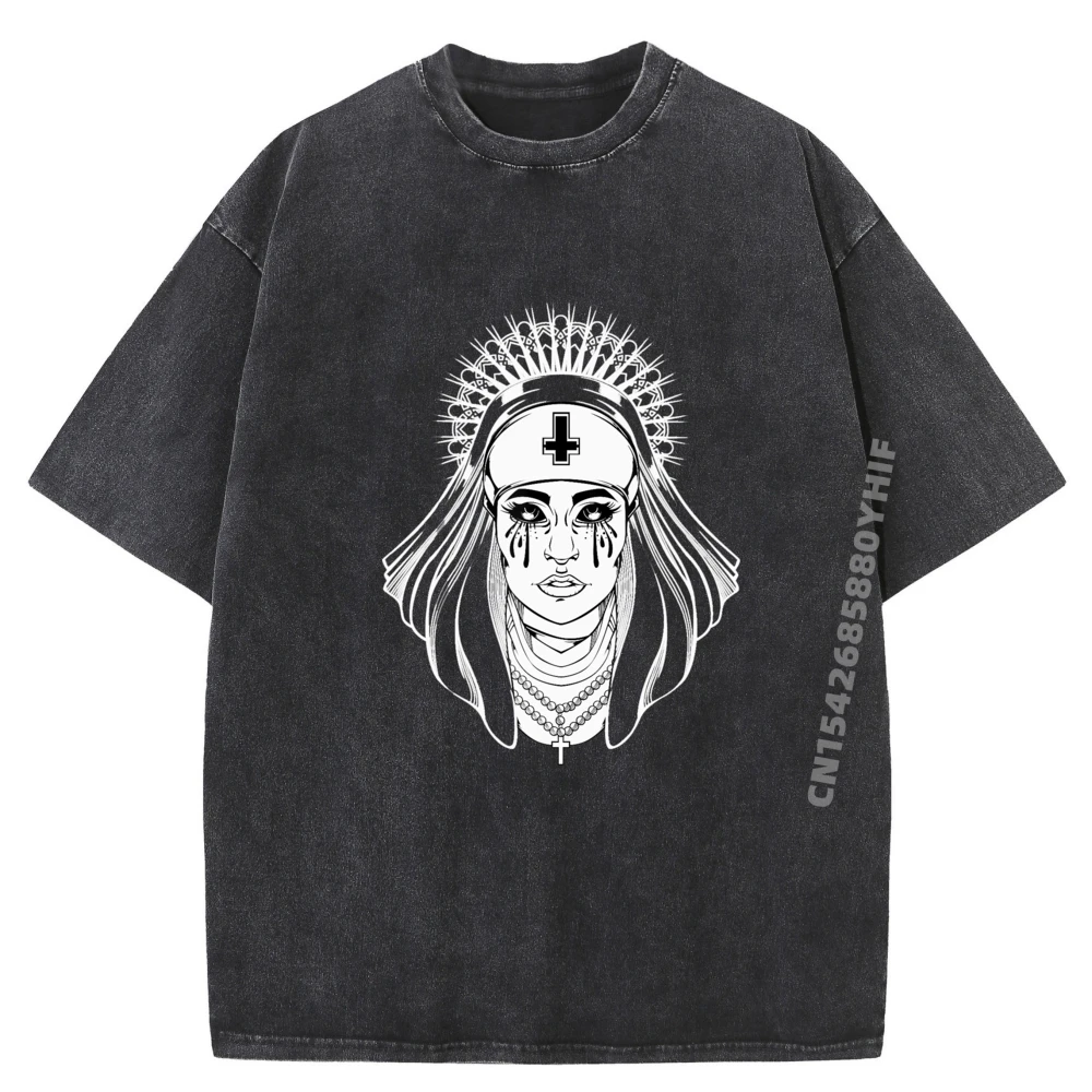 

Occult Nun Luxury T Shirt Men High Quality Luxury Designer Mens Washed Shirt Casual Streetwear Clothing