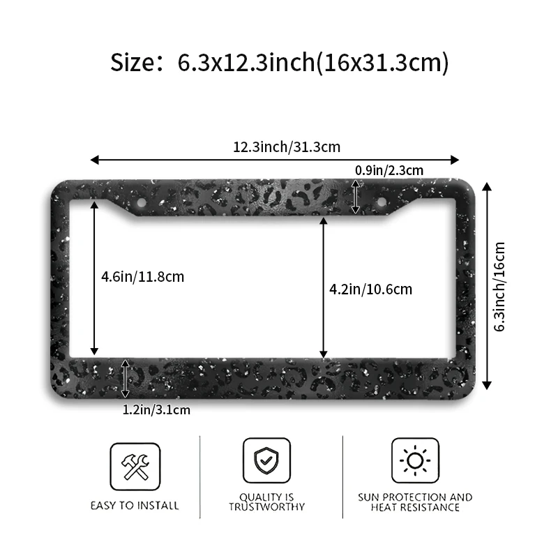 Black Leopard Print Glitter Car License Plate Frame Sparkly Bling Trendy Stylish Tag Holder Novelty Gift Rustproof Easy Install