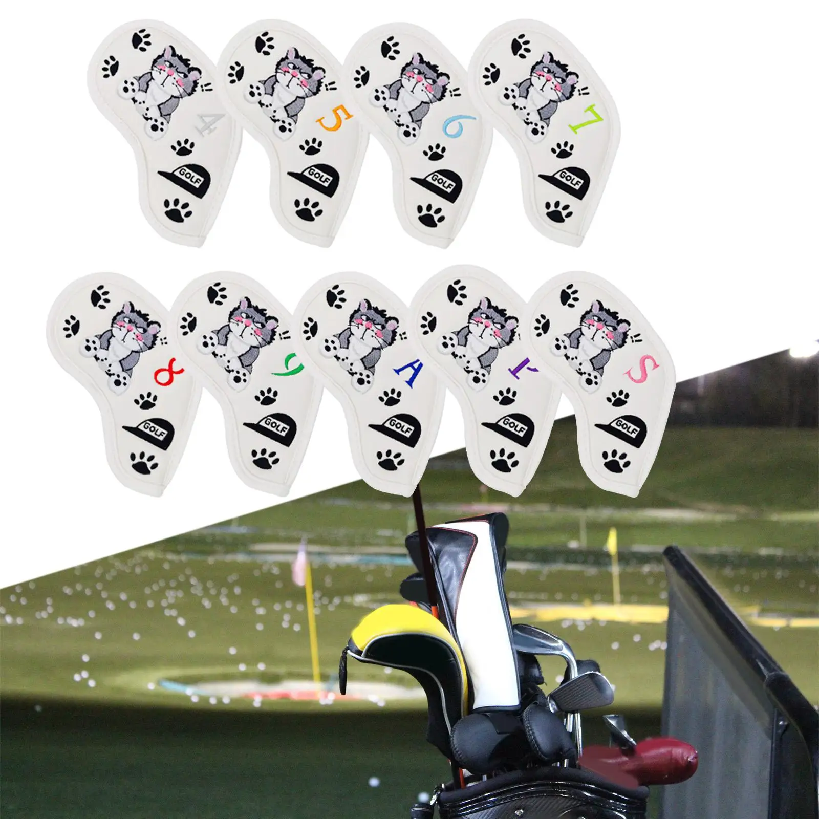 9x PU Golf Iron Covers Set Training Equipment 4-9,P,A,S Embroidered Cats Pattern