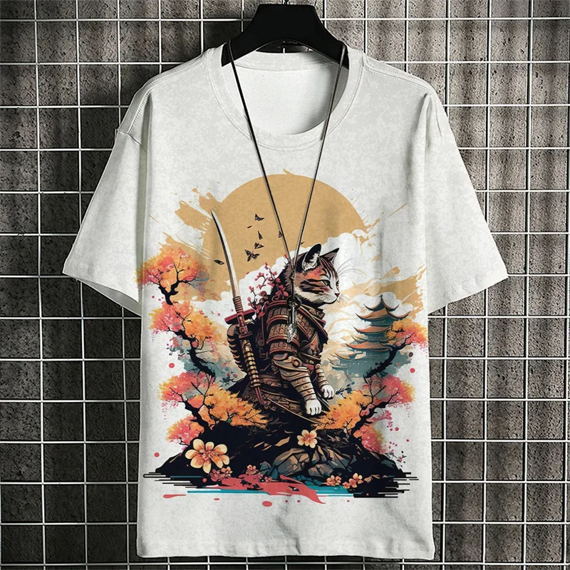 Cat Samurai Pattern T Shirt For Men Trendy Animal 3D Printed Tees Casual Short Sleeve Oversized Street T-Shirts Round Neck Tops