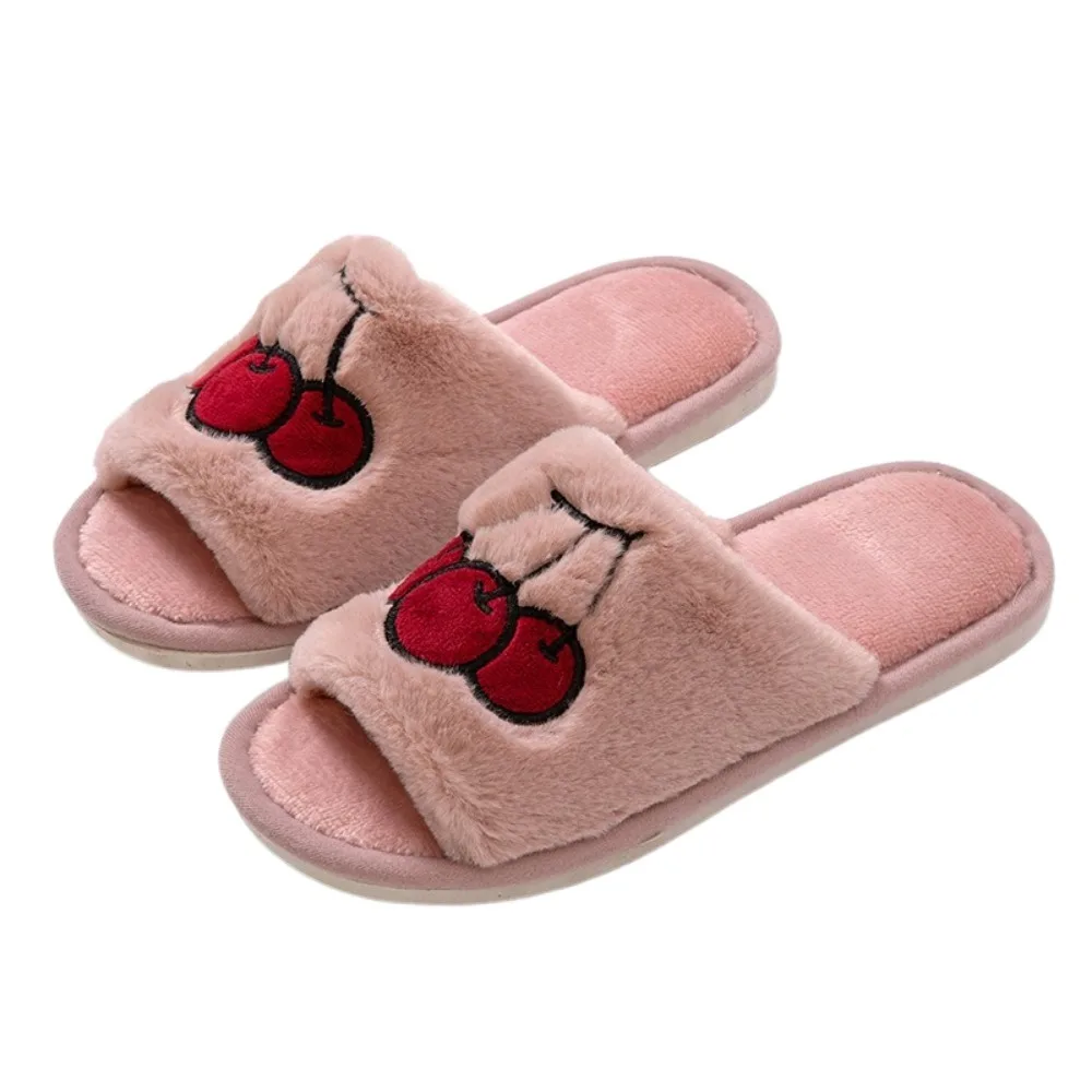 

1Pair Plush Cotton Fruit Fluffy Slippers Open Toe Embroidered Little Cherry Slippers Warm Soft Indoor Footwear Autumn Winter