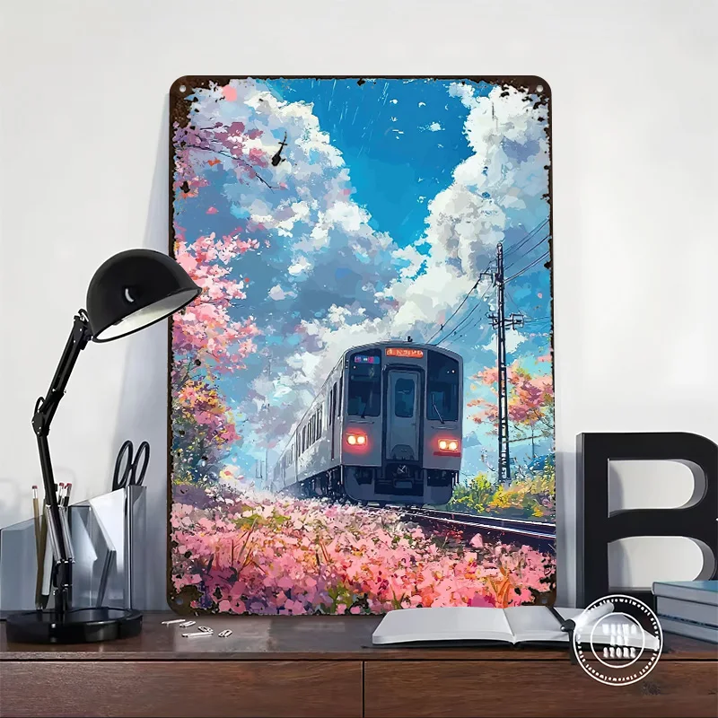 Train Passing Through Cherry Blossoms Metal Poster Customized Wall Art Retro Vintage Metal Tin Signs for Decoration Living Room