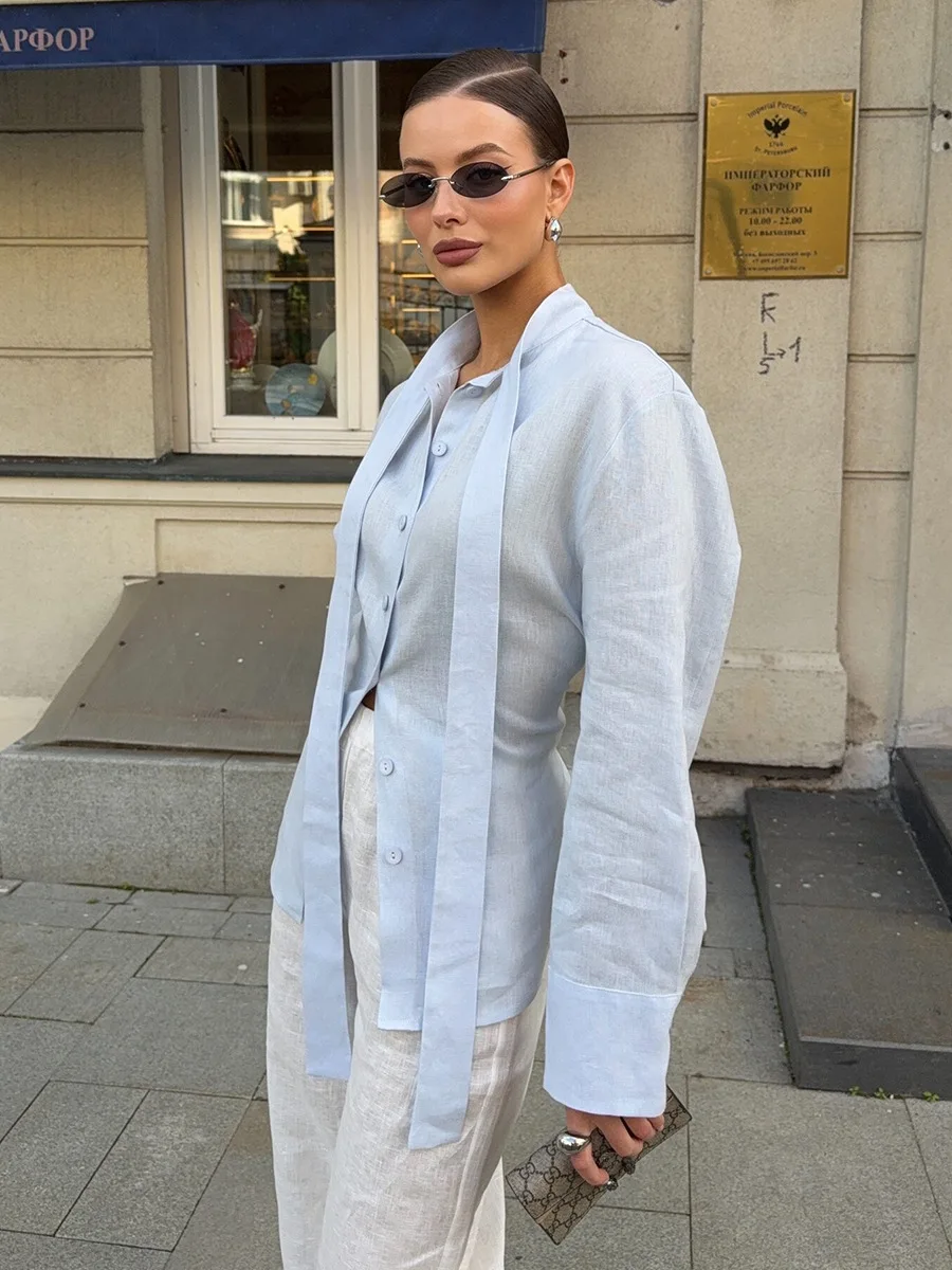 Wolfeel 100% コットン 新秋 タイベルト付きシャツ レディース フローティングリボン カーディガン トップス 通勤 スリムブラウス