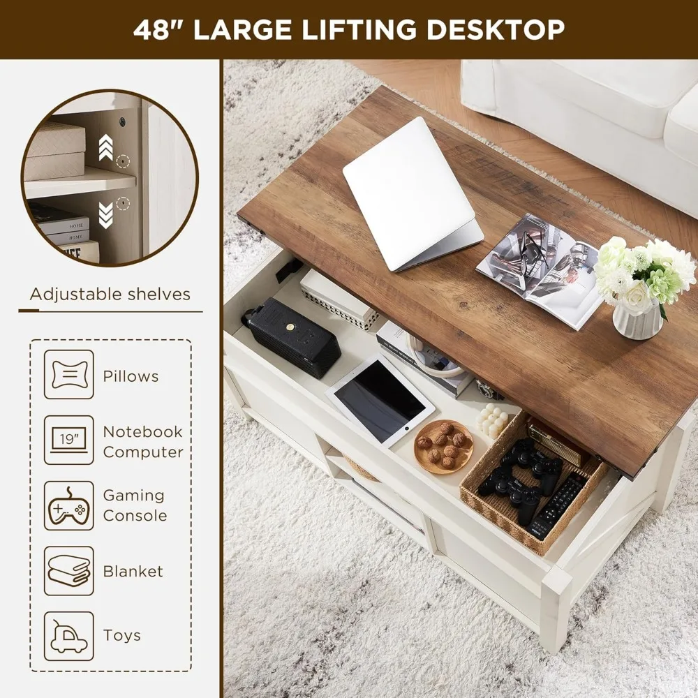Farmhouse Lift Top Coffee Table with Sliding Door, 48" Large Rustic Center Table with Hidden Storage Compartment, Lifting Table