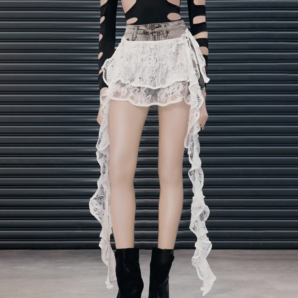 

Ribbon Tassels Layer Outfits Skirt White Lace Shirt Extender Lace Up Hip Scarf Korean Style Y2K Ruffled Edge Waistband