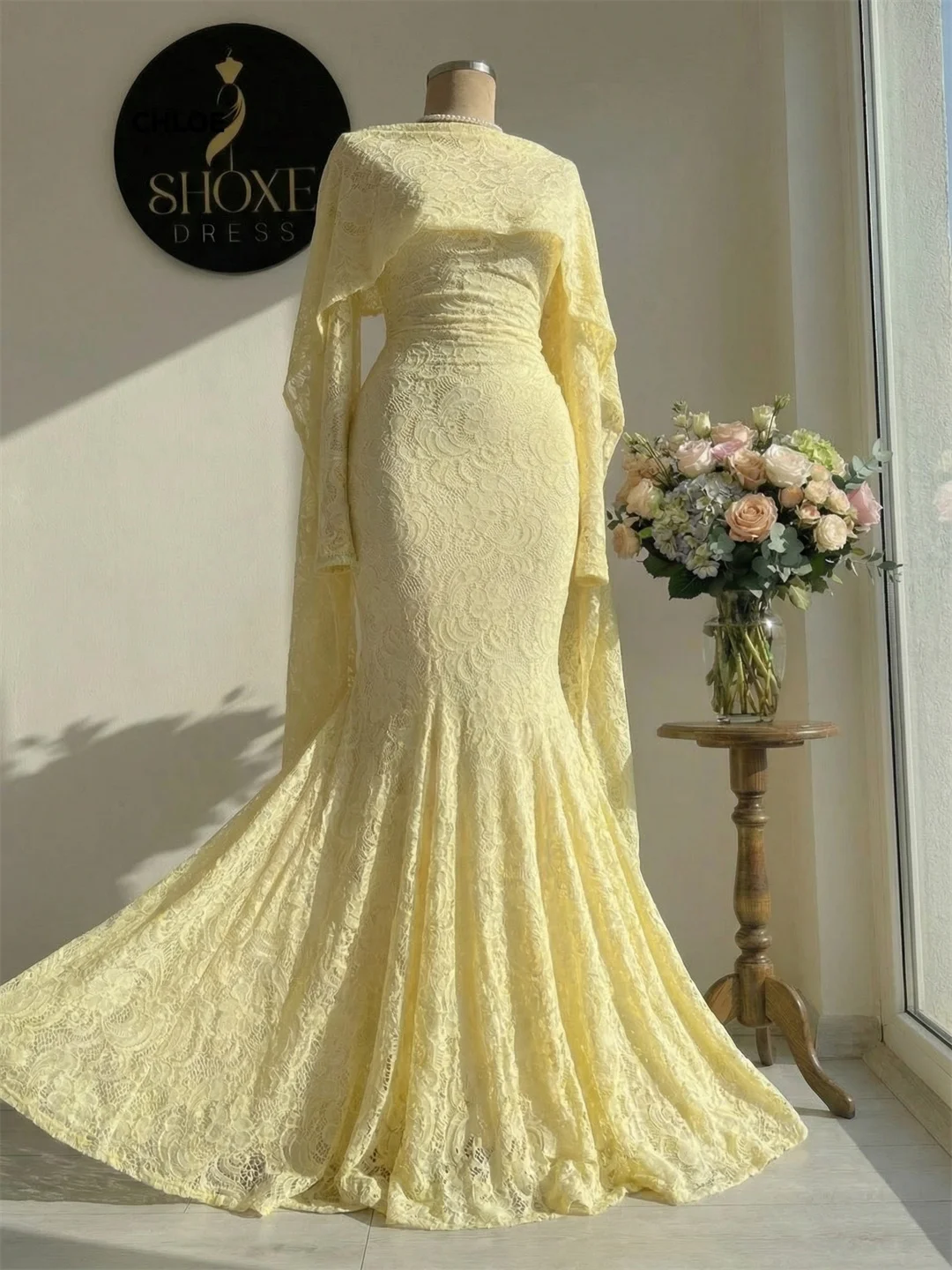 

Mermaid Women's Evening Dress for Elegant Party Customized Dubai Evening Dresses Luxury Long Sleeves Yellow Shawl Ball Gowns