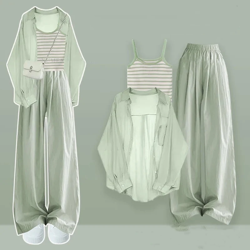 Women Summer Thin Sunscreen Shirts Stripe Sling Wide Leg Pants Three Piece Set 2025 New Lady Green Blouse Vest Trousers Outfits