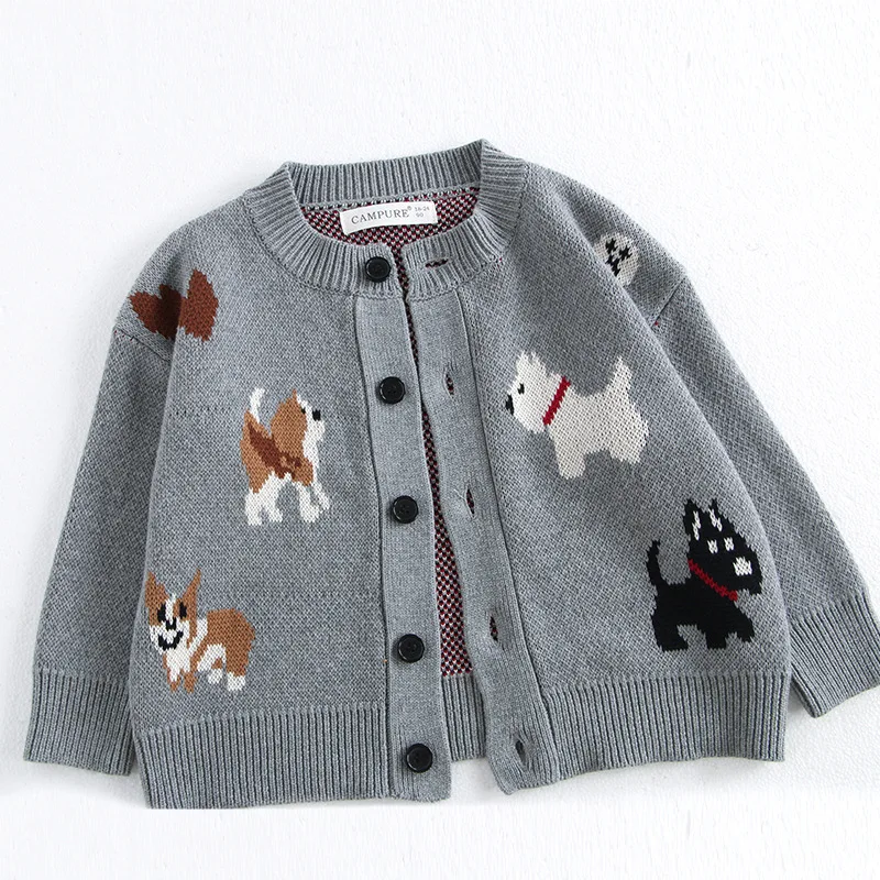 Girls Spring Knitted Sweater 1-8 Y Children's Sweater Jacket Jacquard Cute Dog Boys Single Breasted Buckle Cardigan Top