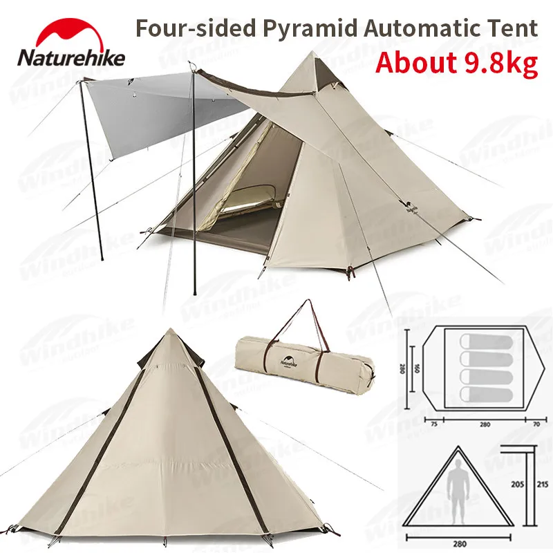 

Naturehike Glamping Pyramid Automatic Tent 3-4 Persons Large Hall Double Door Portable Hiking Travel Camping Tent Quick Open