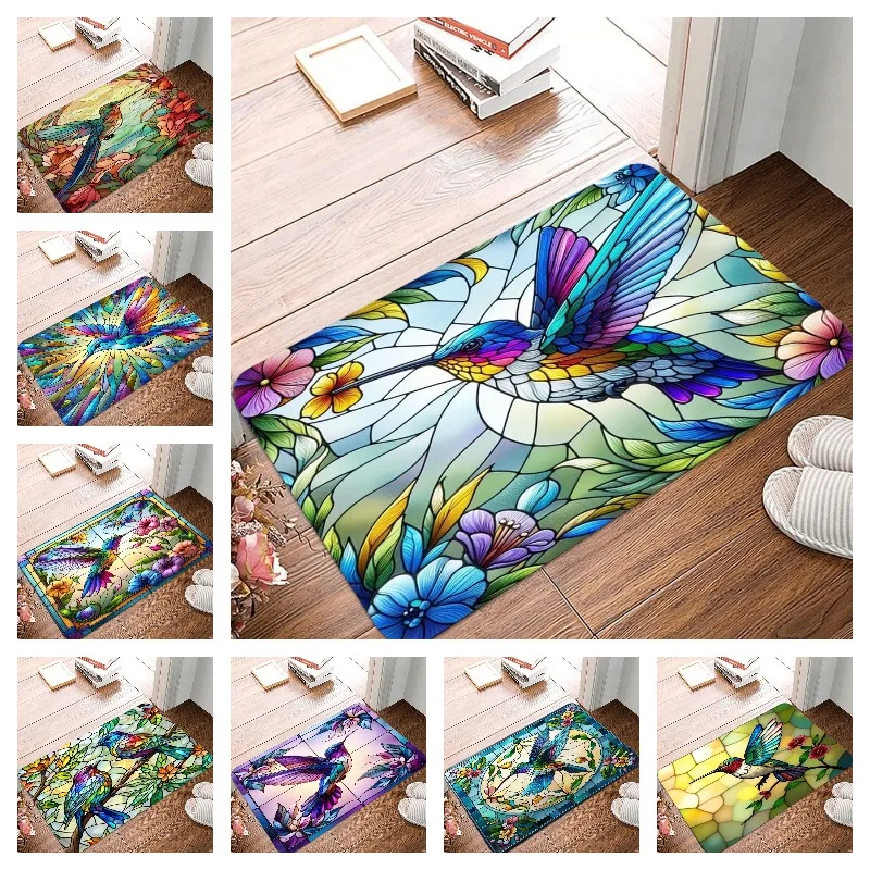 Colorful Glass Hummingbird Non-Slip Doormat Waterproof Entrance Floor Mat Easy Clean Home Decor Durable Indoor or Outdoor Use