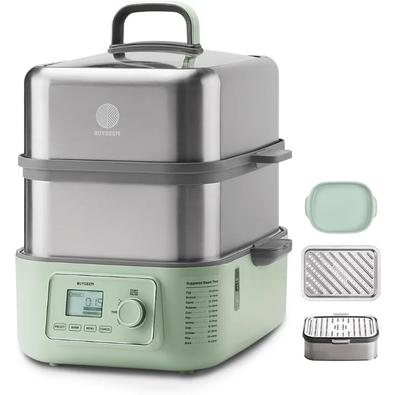 BUYDEEM G67US-A503 Electric Food Steamer for Cooking, 2 Tire Stainless Steel Steamer with Manual Mode, 1500W, 14 Quart, Green