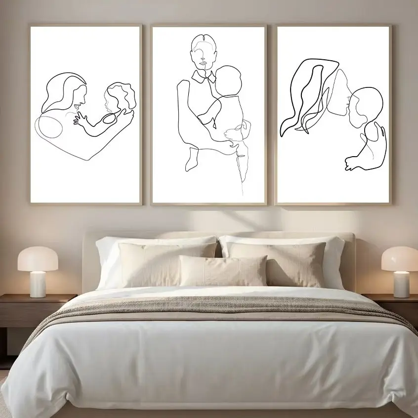 Abstract Black White Line Wall Art,Nordic Mother Baby Canvas Painting,Minimalist Mother Gift Poster Print for Room Bedroom De
