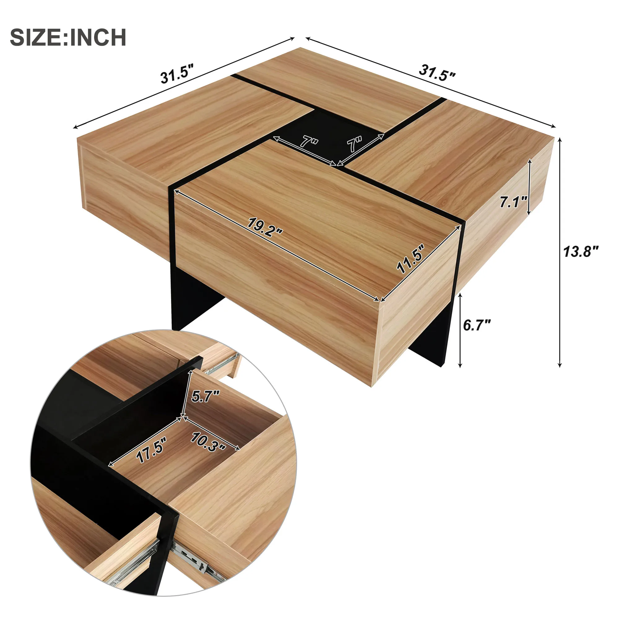 Modern Unique Design Square Cocktail Table with 4 Hidden Storage Compartments Extendable Sliding Top Made of MDF Wood