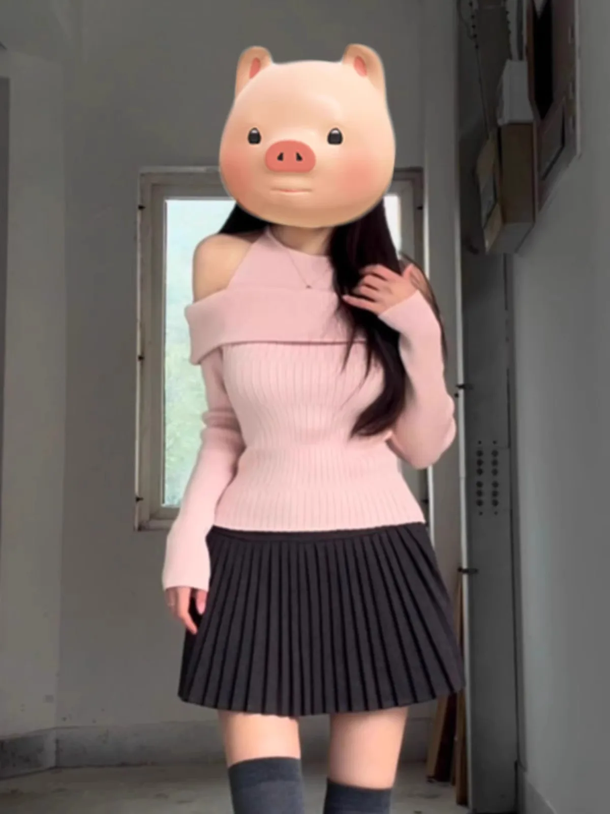 

Korean Sle Pink One-oulder Hanging Ne Knitted Base irt Women's Spring Autumn Inner Wear Pure Desire Gentle Waist Cinc...