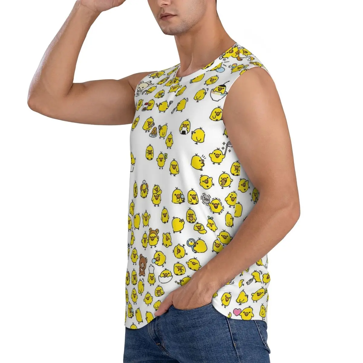 Cute Kiiroitori Pattern Rilakkuma Men Sleeveless Tank Tops Quick Dry Breathable Gym Fitness Running Summer Casual Sport Vest