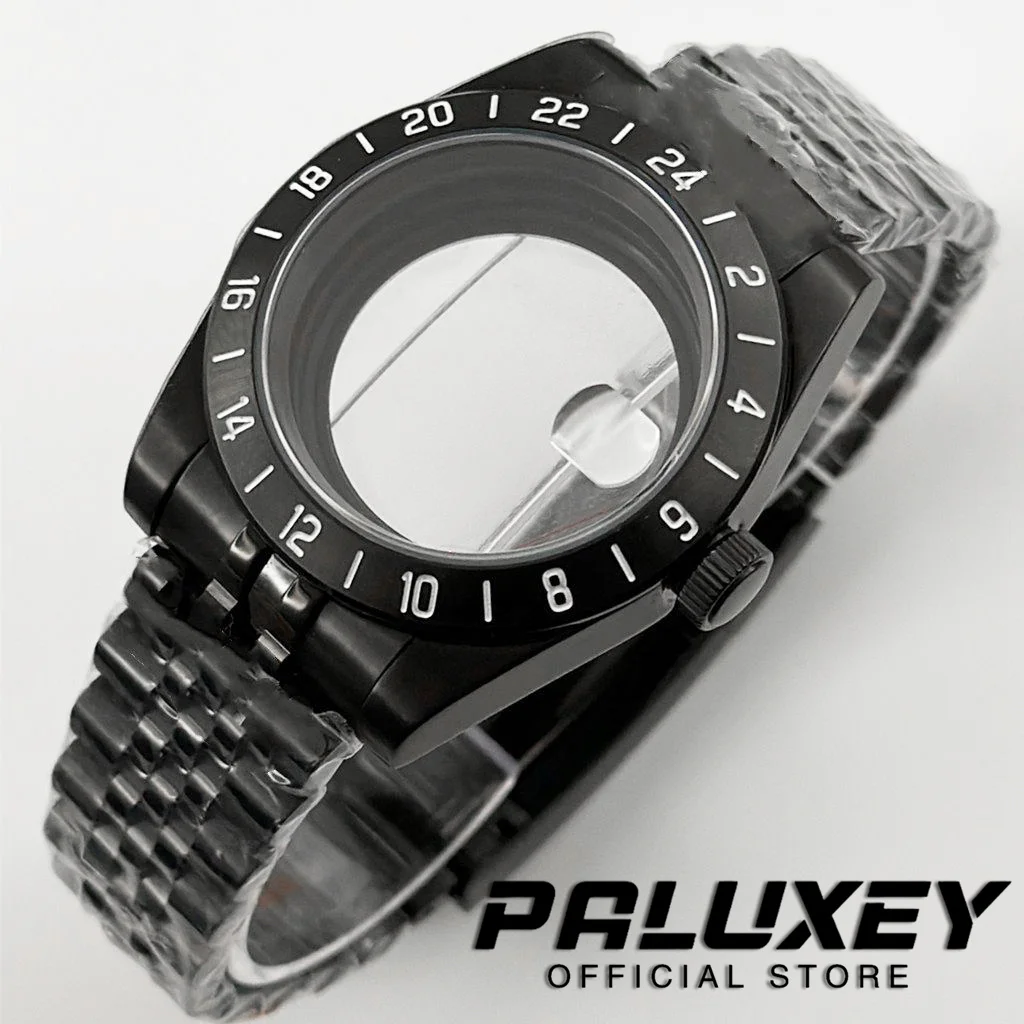 39mm Black Explorer NH34 NH35 NH36 NH38 Sapphire Glass Watch Case 24 Hours GMT Fixed Bezel Solid Glide Lock Clasp ETA2824 Case