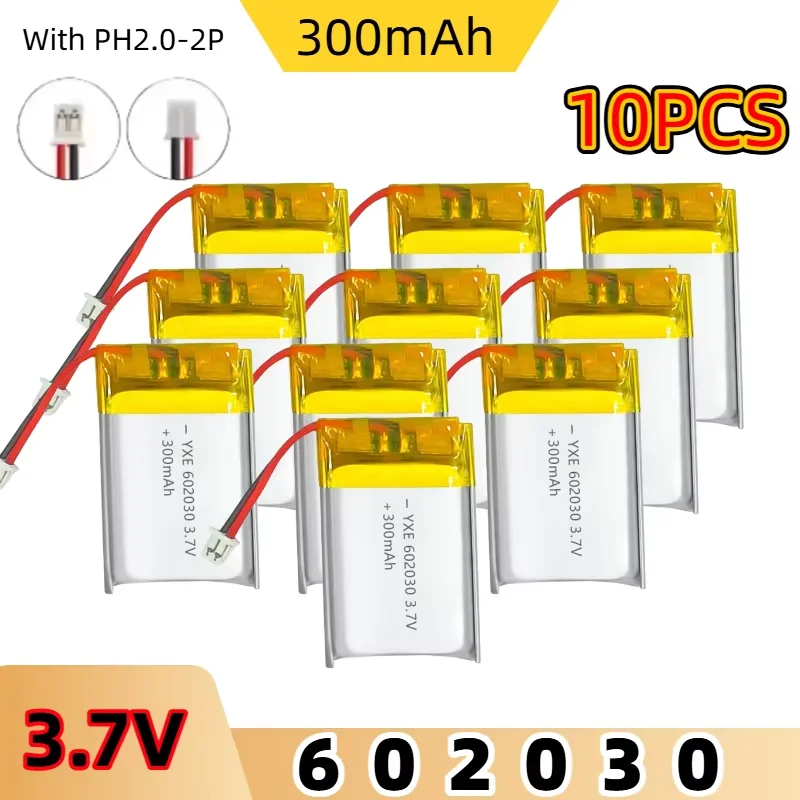 602030 300mAh Lithium Rechargeable Battery 3.7V Li-ion Polymer Battery PH2.0 Plug Bluetooth Headset Speaker Monitor Self-Timer