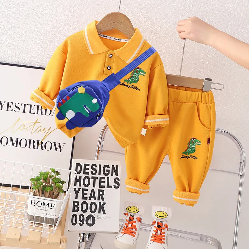 

Fall New Outfits for Baby Boys Cartoon Dinosaur Turn-down Collar Long Sleeve T-shirts+Pants+Bag 3PCS Infant Clothing Sport Suit