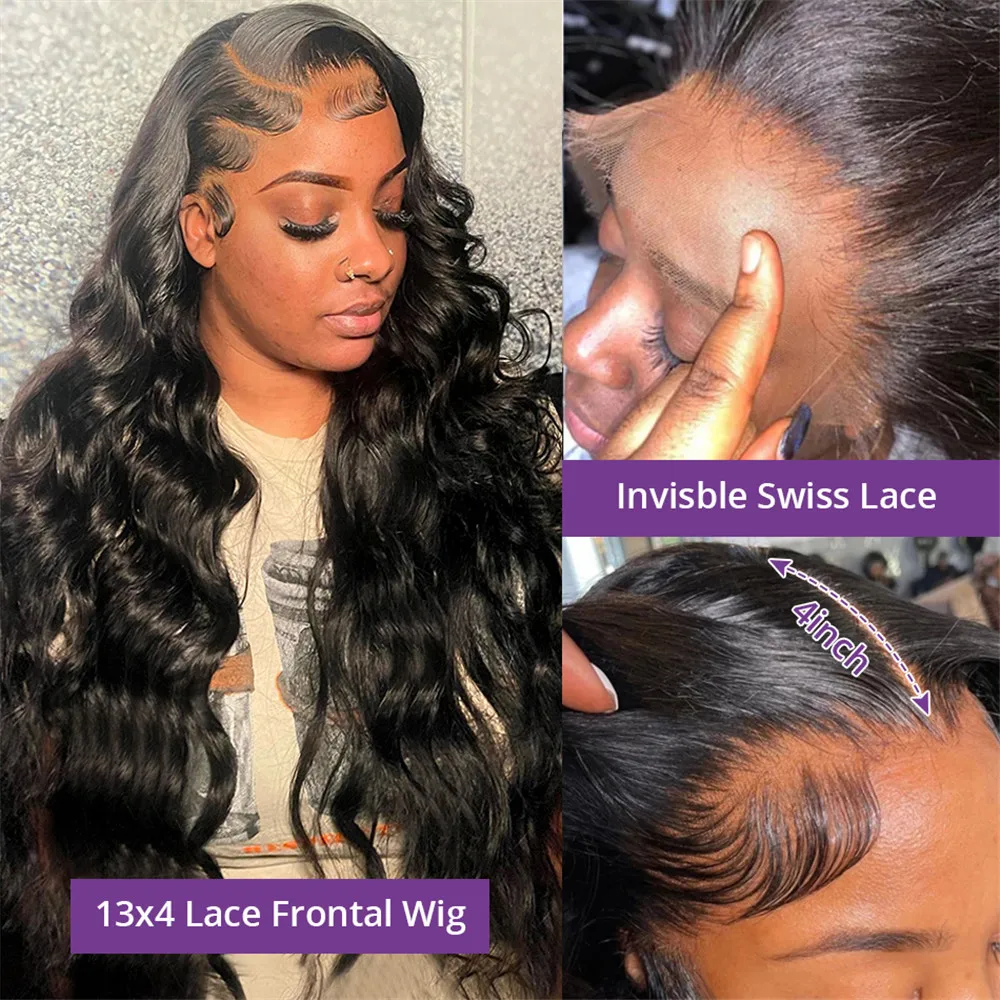 200 Density Body Wave 13x4 HD Transparent Lace Front Human Hair Wig Black 13x6 Lace Frontal Wigs 30 40 Inch PrePlucked Lace image 3