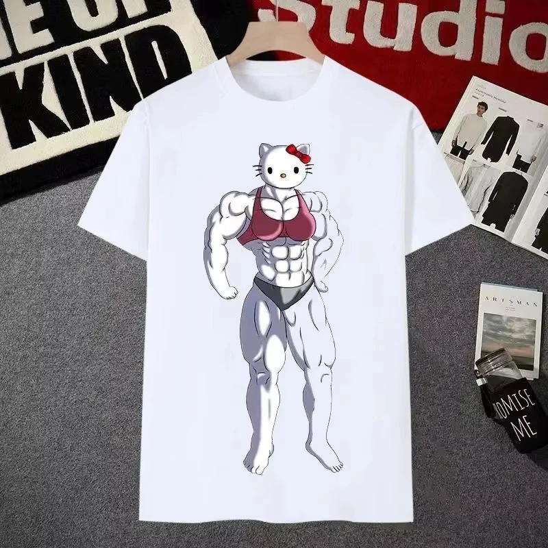 

MINISO Fitness Hello Kitty Cartoon Printed Plus Size Tshirt Sanrio Cotton Women Summer Tshirt Y2K Loose Casual Short Sleeved Top