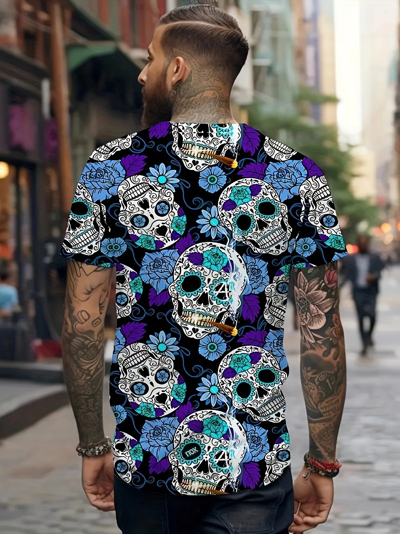 Mens Day of the Dead Sugar Skull Printed T‑Shirt, Retro Floral Calavera Pattern Short‑Sleeve Crew Neck Casual Daily Tee