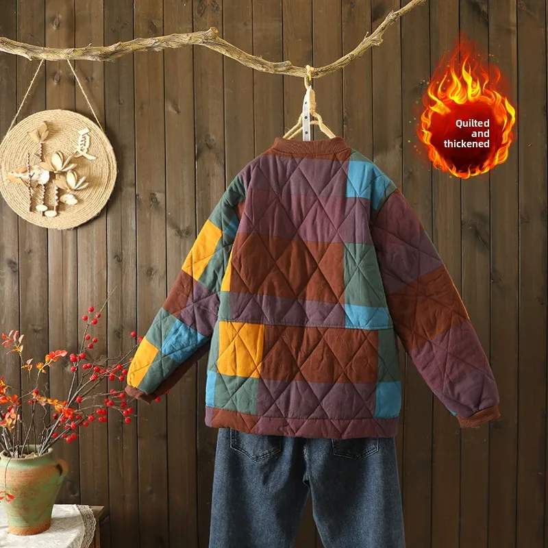 Thiened Cotton Jaet met Cotton Sandwich Diamond Pattern Grote maat Dames Faionable Busin Sle Long Sve Stand...