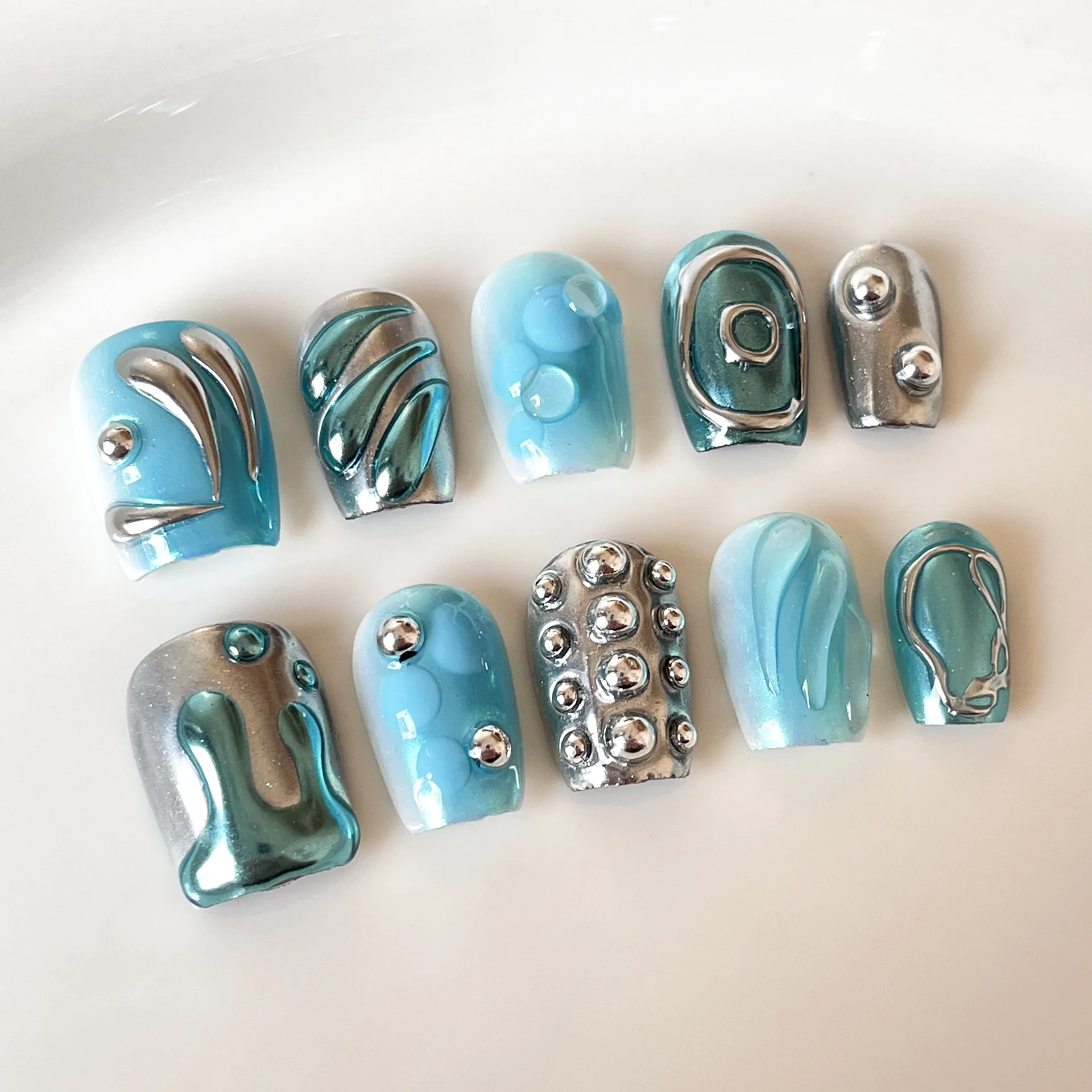 

10Pcs Short Square Head False Handmade Nail with 3D Design Blue Ballet Press on Nails Y2k Finished Wearable Fake Manicure Tips