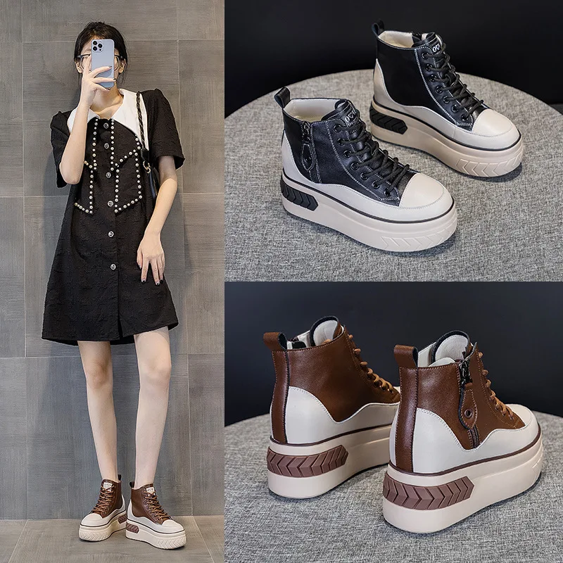 platfrom Leather Sneakers Increase Height autumn spring women's sneakers High-soled sneakers High-top woman winter shoes 33~40