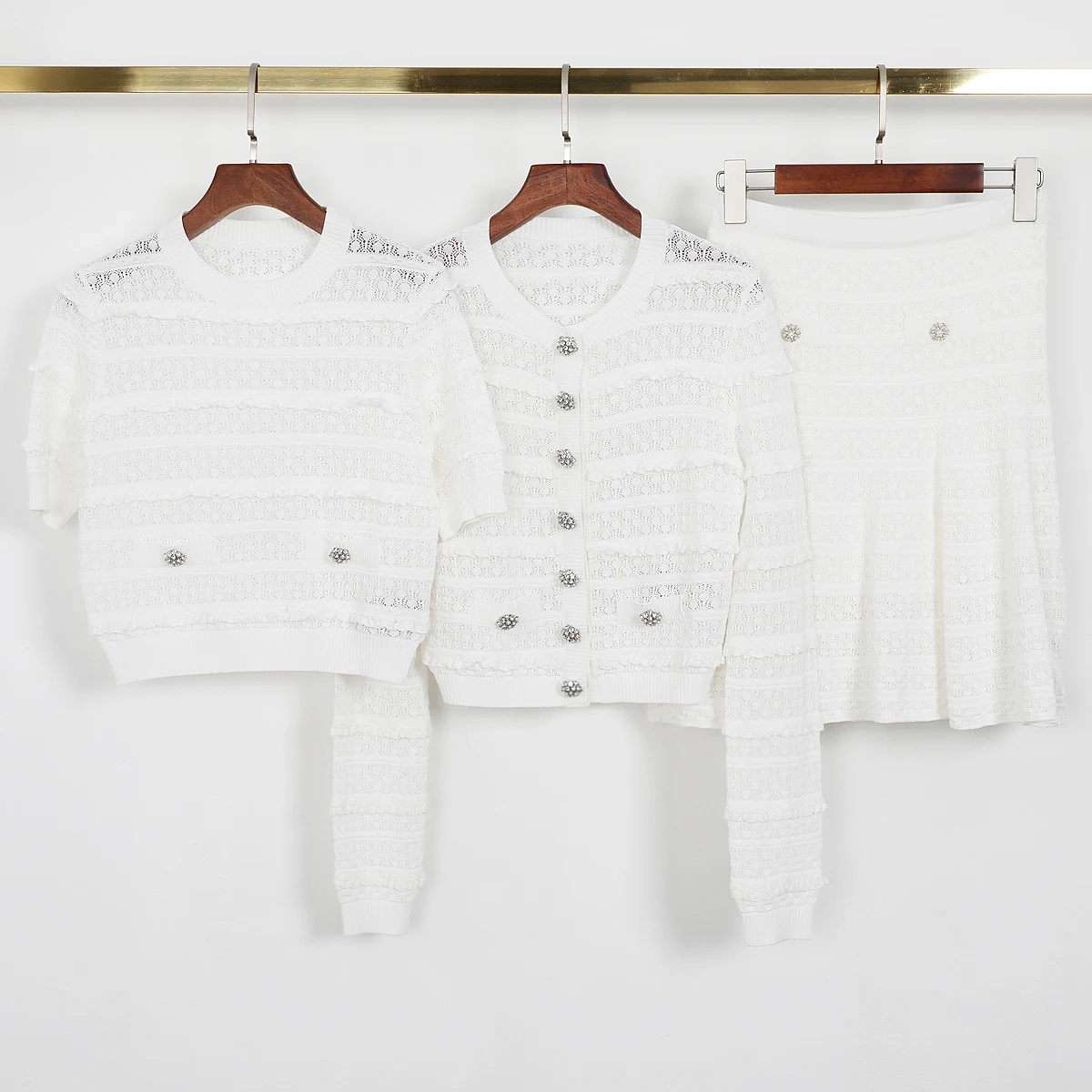 26100 High-quality Summer New Fashion Heavy Industry Embroidered Elastic Knitted Lace Top Cardigan+short Skirt Women's Set