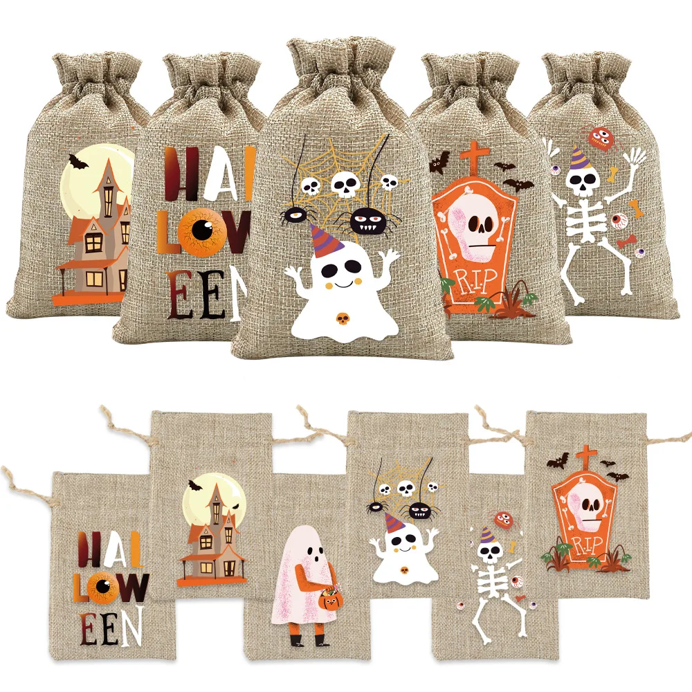 

50Pcs/lot 10*15cm Pumpkin Ghost Skull Printed Drawstring Linen Pouches Halloween Children's Party Gifts Storage Bags