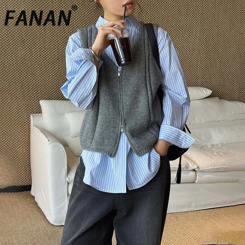 

FANAN Korean Style Knitting Fit Vest For Women Solid V Neck Zipper Design Casual Versatile Tops Female Clothing 2026 Spring New