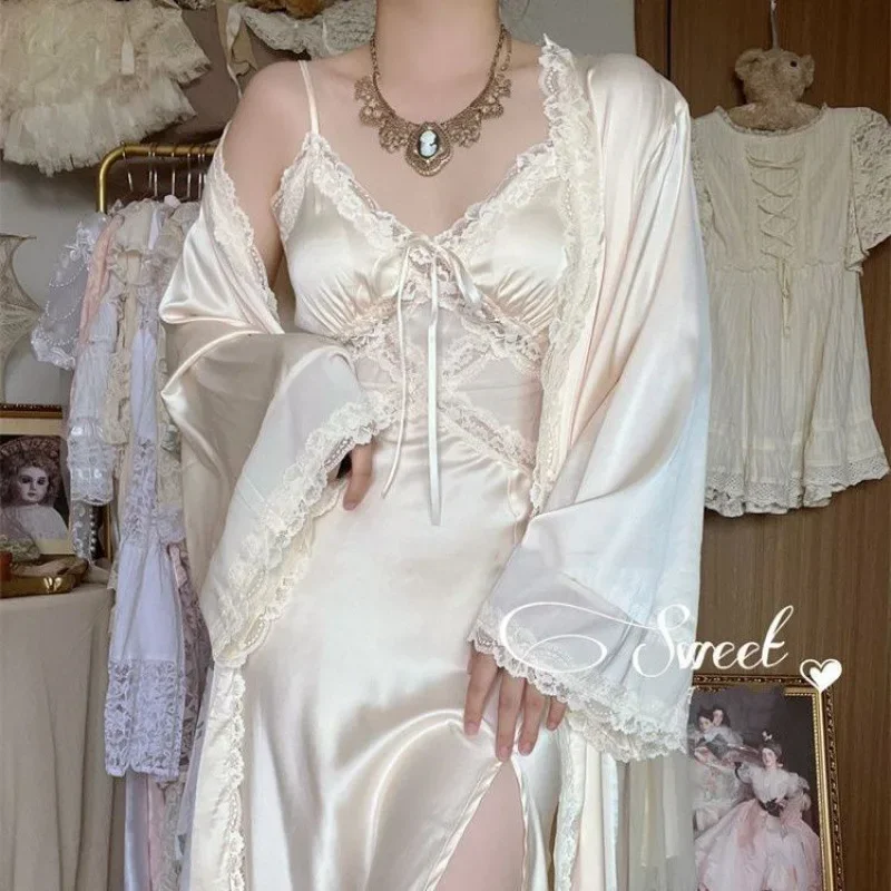 Spring New Nightgown Women Bride Wedding Dress Sweet Lace Patchwork Robe Set Nightdress Elegant Lingerie Summer Long Kimono Gown