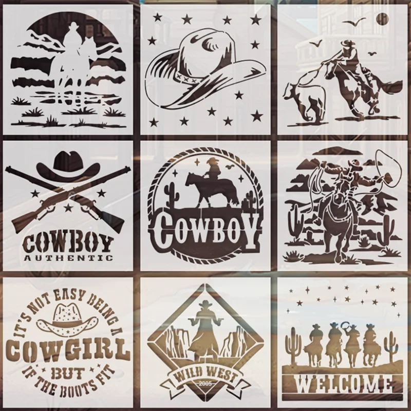 

9 Pcs/Set Western Cowboy Graffiti Stencil DIY Layering Wall Scrapbook Coloring Embossing Album Decoration Card Painting Template