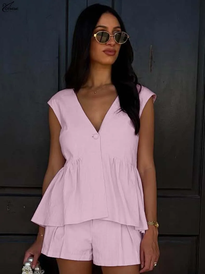 

Oymimi Elegant Pink Cotton 2 Pieces Set For Woman Fashion V-Neck Sleeveless Single Button Shirts And Button Pockets Shorts Sets