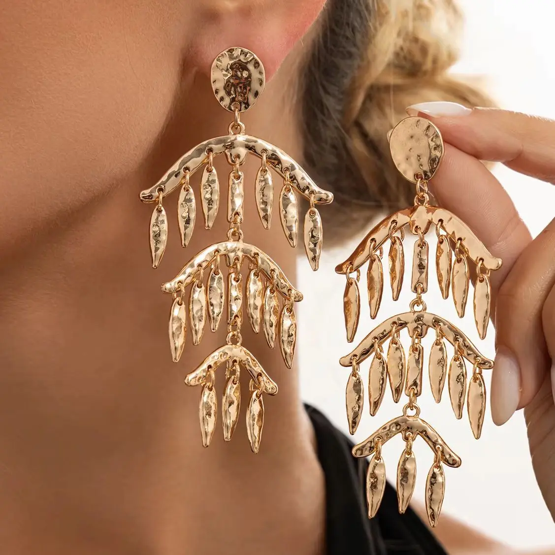 SHIXIN Boho Gold Color Hammered Texture Leaf Tassel Earrings for Women Vintage Tiered Layered Long Drop Dangle Earring Jewelry