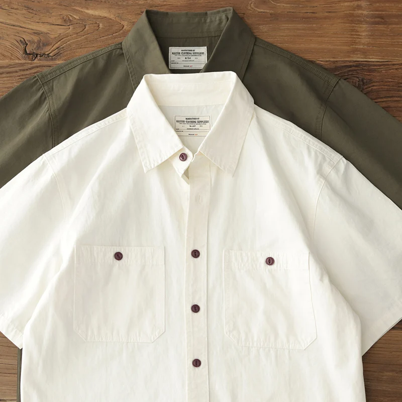 

Summer American Retro Short Sleeve Lapel Cargo Shirt Men's Amei Khaki 100% Cotton Washed Double Pocket Casual Tough Guy Blouses