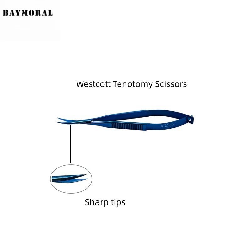Oogheelkundige instrumenten Westcott Tenotomy Schaar titanium Gebogen messen, 21 mm van draaipunt tot punt, 115 mm lang