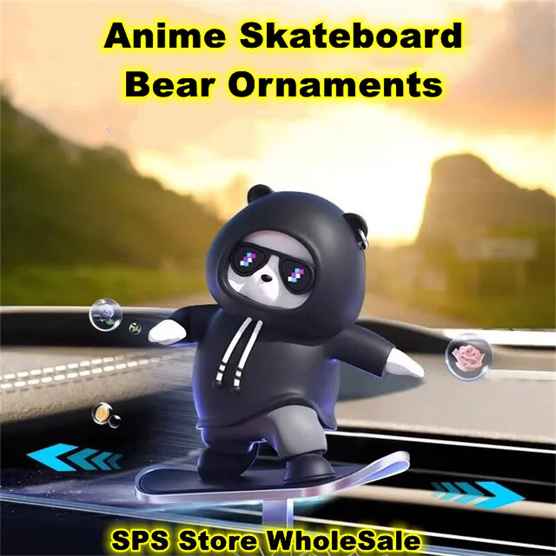 SPS WholeSale Car Anime Skateboard Bear Ornaments Cute Cartoon Skater Bear Decoration Auto Dashboard Toys Car Accessories